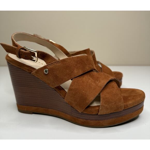 Cole Haan Laci Platform Wedge Sandal Women 7B Cognac Suede Buckle Strap Peep Toe - Picture 1 of 9